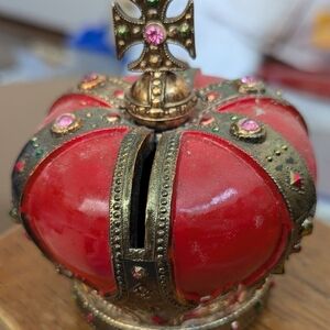 Vintage red porcelain crown faux jeweled bank